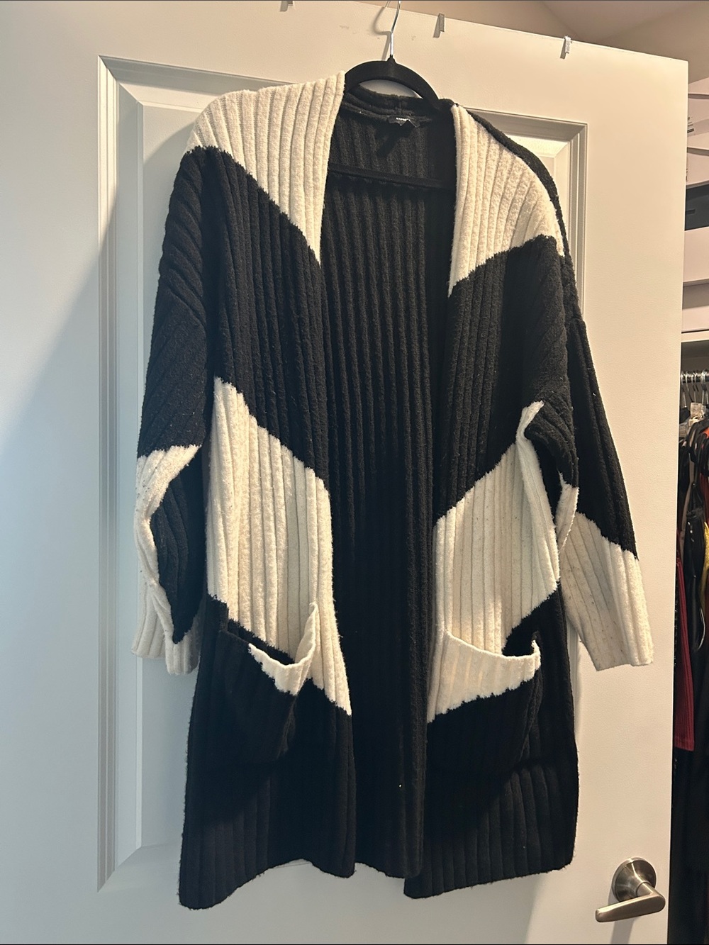 Express Black and White Colorblock Ribbed Open-Front Cardigan